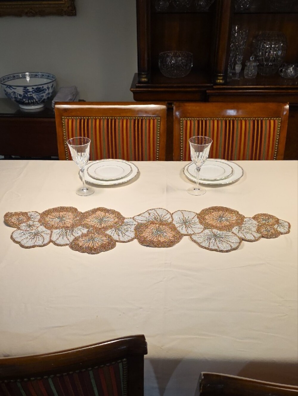 Beaded Floral Table Runner in Champagne and Ivory